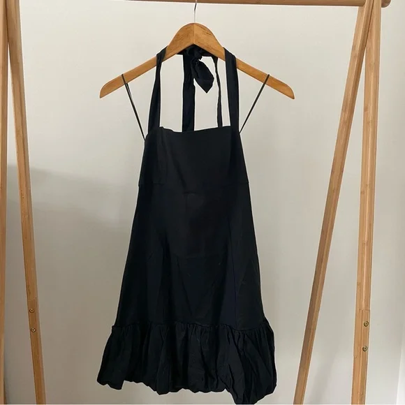 NWT Zara Linen Drop Waist Halter Neck Bubble Hem Mini Dress in Black - M - Picture 5 of 8